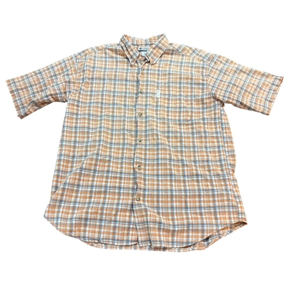 Columbia Mens Plaid Short Sleeve‎ Button Down Shirt Orange Grey White Size Large